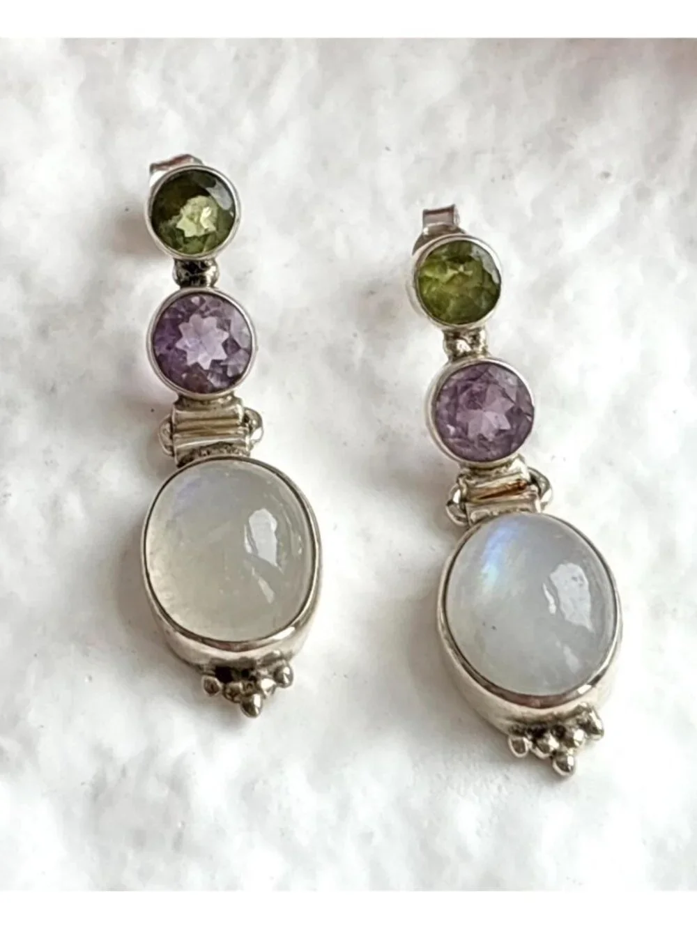 Moonstone, Amethyst & Peridot Vintage Sterling Silver 925 Dangle Drop Earrings